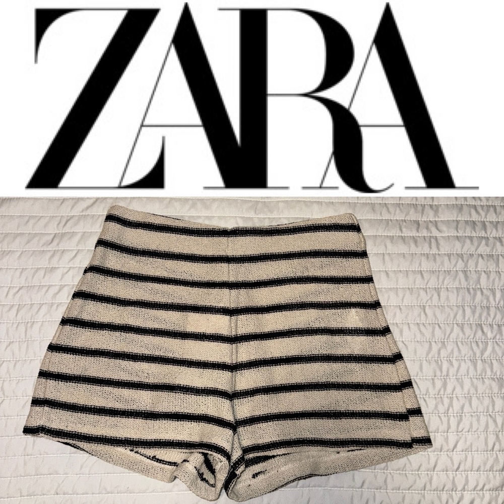 Zara Women's High Waist Black and Cream Striped Shorts